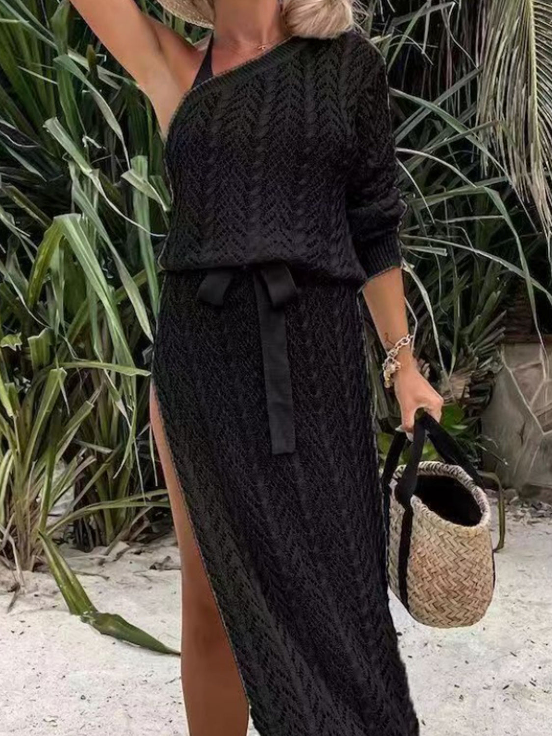 Slit Openwork Single Shoulder Knit Dress - store name